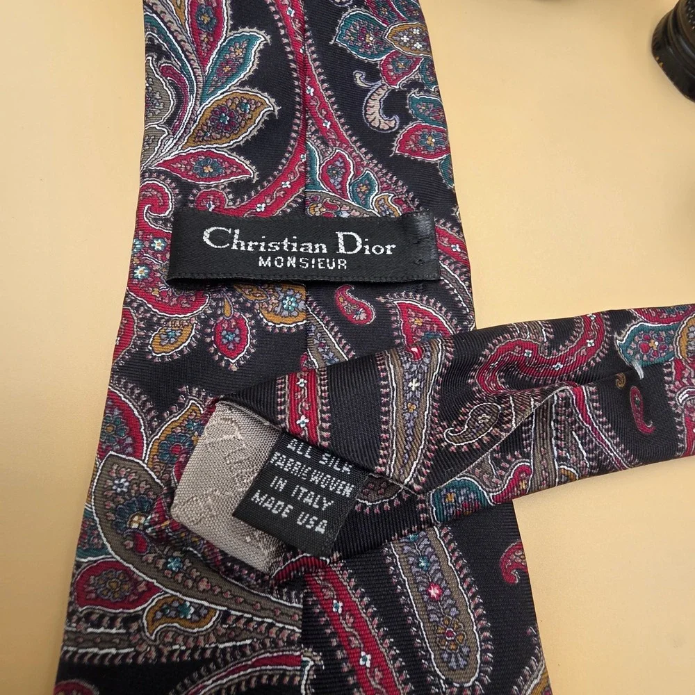 Christian Dior Monsieur Silk Paisley Tie Navy Burgundy Teal Made in USA Italy